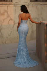 Sky Blue Lace Mermaid Evening Dress Spaghetti Straps Sweetheart Corset Peplum 3D Floral Applique Open Back Formal Gown