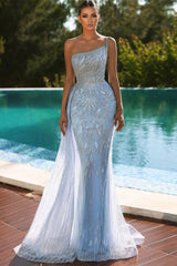Sky Blue One Shoulder Mermaid Sequins Beadings Evening Dress With Tulle