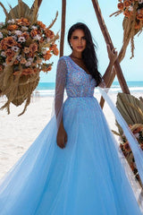 Sky Blue Sequin A-Line Prom Dress One Shoulder Single Long Sleeve Beaded Sheer Mesh Open Back Tulle Luxury Evening Gown with Chapel Train