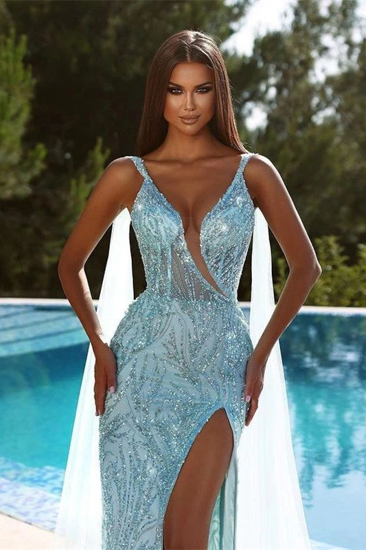 Sky Blue Spaghetti Strap Beading Mermaid V Neck Formal Dress Sequins With Split