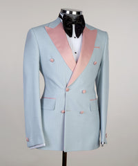 Sky Blue Sparkly Double-Breasted Men’s Suit with Pink Peaked Lapel