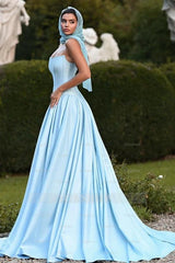 Sky Rhinestone Strapless Sleeveless Corset A-line Satin Ruffled Floor Length Evening Gown