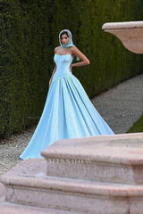Sky Rhinestone Strapless Sleeveless Corset A-line Satin Ruffled Floor Length Evening Gown