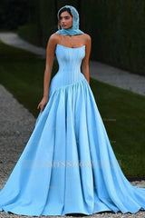 Sky Rhinestone Strapless Sleeveless Corset A-line Satin Ruffled Floor Length Evening Gown