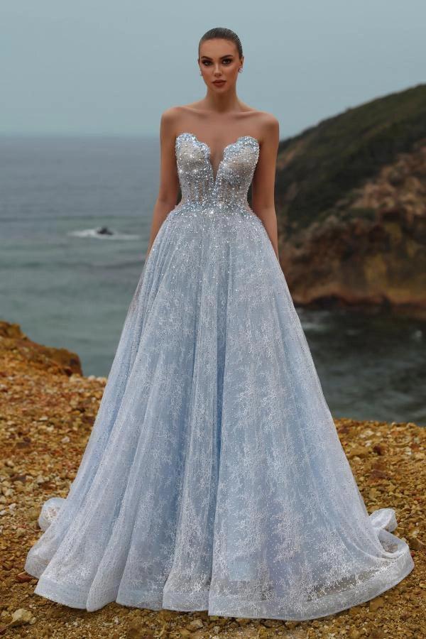 Sky Rhinestone Strapless Sweetheart Sequined Beaded Ball Gown Floor Length Evening Gown