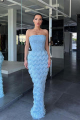 Sky Strapless Sleeveless Mermaid Sequined Beaded Appliques Floor Length Evening Gown