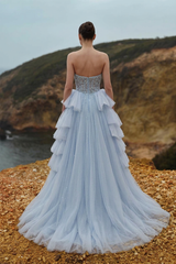 Sky Strapless Sweetheart Beaded Corset Tulle Tiered Ruffle Ball Gown Formal Evening Dress