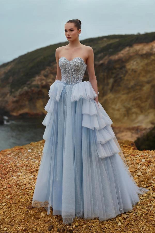 Sky Strapless Sweetheart Beaded Corset Tulle Tiered Ruffle Ball Gown Formal Evening Dress