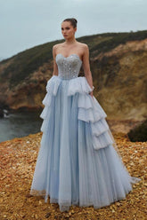 Sky Strapless Sweetheart Beaded Corset Tulle Tiered Ruffle Ball Gown Formal Evening Dress