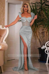Sky Sweetheart Cap Sleeve Mermaid Satin Ruched Formal Evening Dress with Side Slit