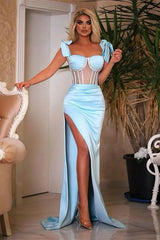 Sky Sweetheart Cap Sleeve Mermaid Satin Ruched Formal Evening Dress with Side Slit