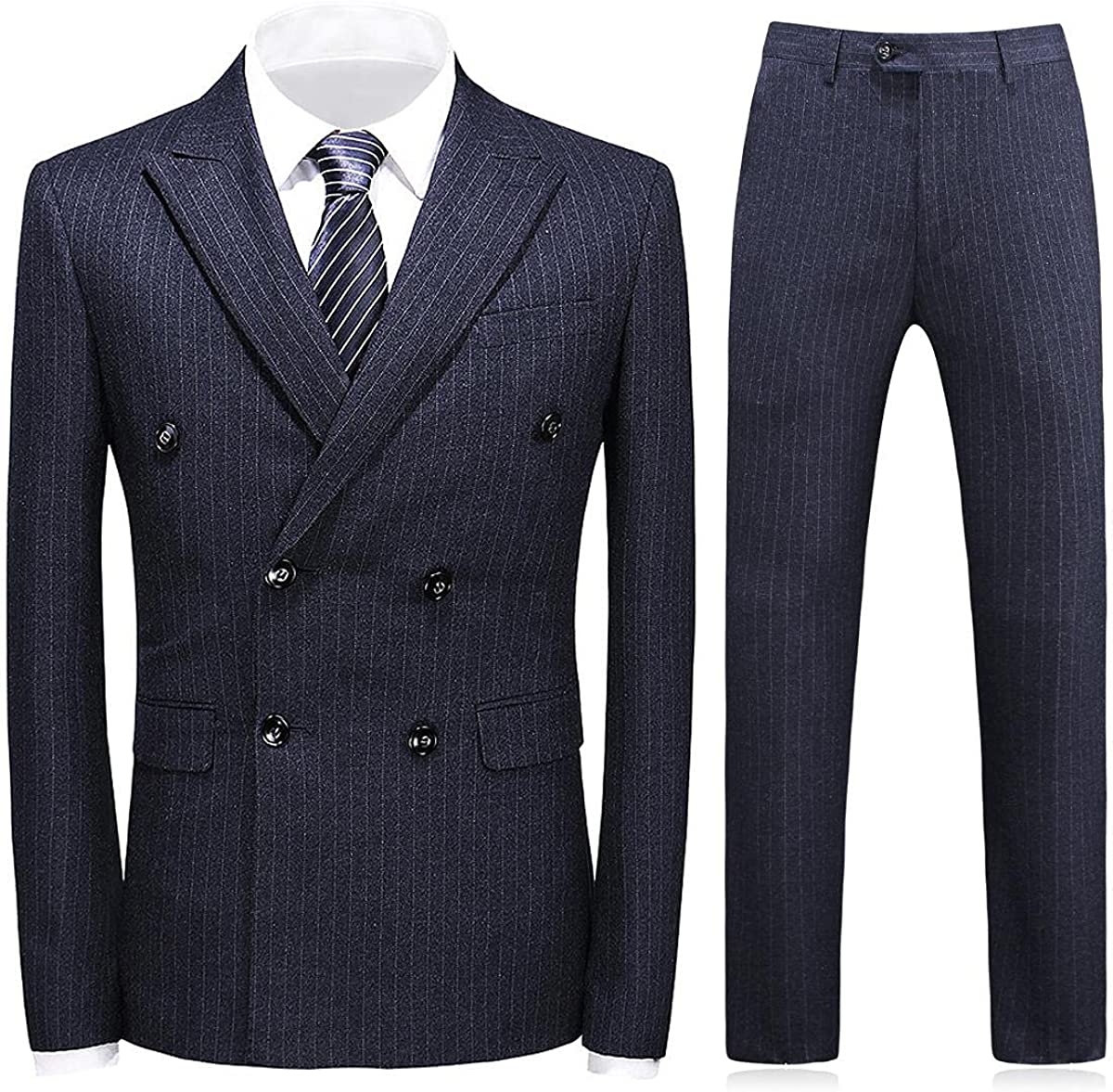 Sleek Black Double Breasted Peak Lapel Striped Business Suit