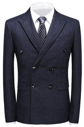 Sleek Black Double Breasted Peak Lapel Striped Business Suit