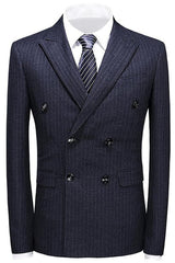 Sleek Black Double Breasted Peak Lapel Striped Business Suit