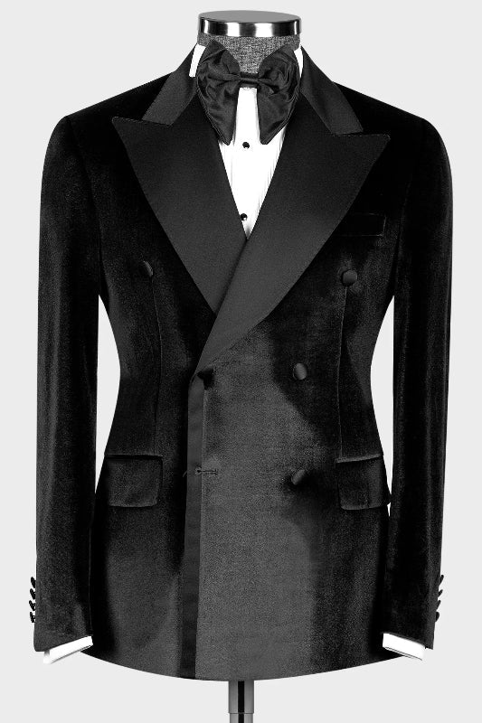 Sleek Black Peaked Lapel Double Breasted Velvet Prom Suit