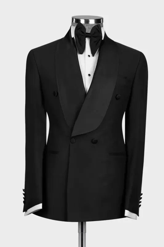 Sleek Black Shawl Lapel Double Breasted Wedding Suit