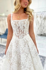 Sleek Ivory A-Line Square Sleeveless Floor-Length Lace Wedding Dress with Appliques