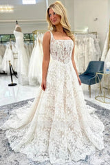 Sleek Ivory A-Line Square Sleeveless Floor-Length Lace Wedding Dress with Appliques