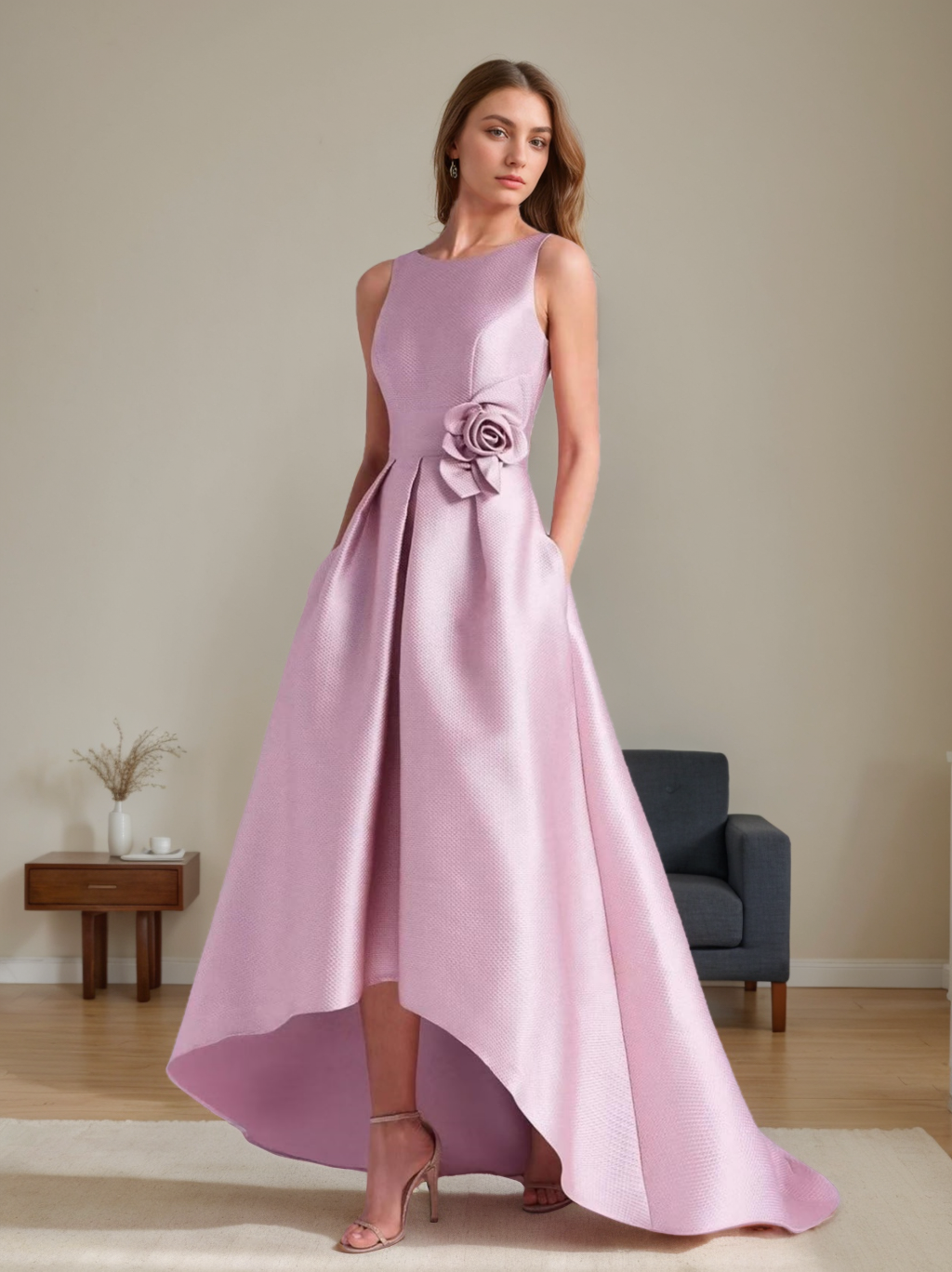 Sleeveless A-Line Princess Scoop Asymmetrical Mother of the Bride & Groom Dress with Floral Details