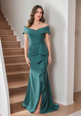 Sleeveless Floor-Length Mother of the Bride Sheath Dress with Ruffles and Side Split
