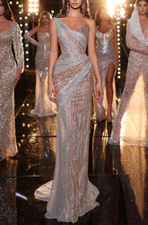 Sleeveless Formal Dress One Shoulder Sequins With Beading Long