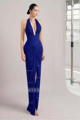 Sleeveless Halter Long Mermaid Split Formal Dress With Pleated