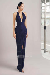 Sleeveless Halter Long Mermaid Split Formal Dress With Pleated