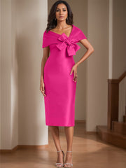 Sleeveless Off-The-Shoulder Knee-Length Satin Sheath Dress with Bow(s) for the Mother of the Bride