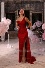 Sleeveless One Shoulder Long Split Formal Dress With Pleated Sequin