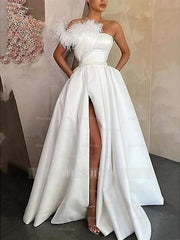 Sleeveless One-Shoulder Satin Prom Dress with Feather Slit A-Line Floor Length