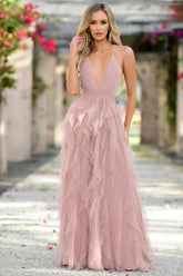 Sleeveless Spaghetti Strap Backless Long Formal Dress With Ruffles