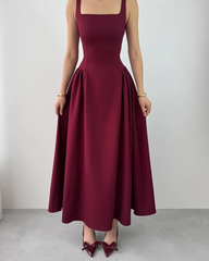 Sleeveless Square Neck Straps Tea Length Formal Dress With Pleated