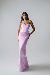 Sleeveless Strapless Long Mermaid Formal Dress With Pleated Sequins