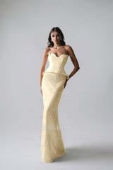 Sleeveless Strapless Long Mermaid Formal Dress With Pleated Sequins