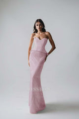 Sleeveless Strapless Long Mermaid Formal Dress With Pleated Sequins