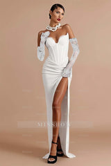Sleeveless Strapless Long Mermaid Split Formal Dress With Gloves
