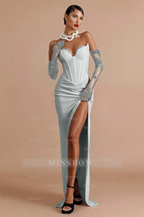 Sleeveless Strapless Long Mermaid Split Formal Dress With Gloves
