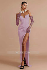 Sleeveless Strapless Long Mermaid Split Formal Dress With Gloves