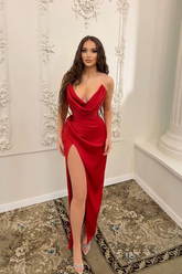 Sleeveless Strapless Long Mermaid Split Formal Dress With Pleated