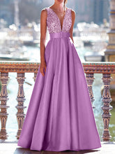 Sleeveless V-Neck A-Line Prom Dress with Pockets in Floor-Length Satin and Pearls
