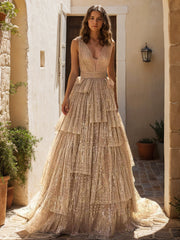 Sleeveless V-Neck A-Line/Princess Evening Dresses with Shiny Belt & Ruffles