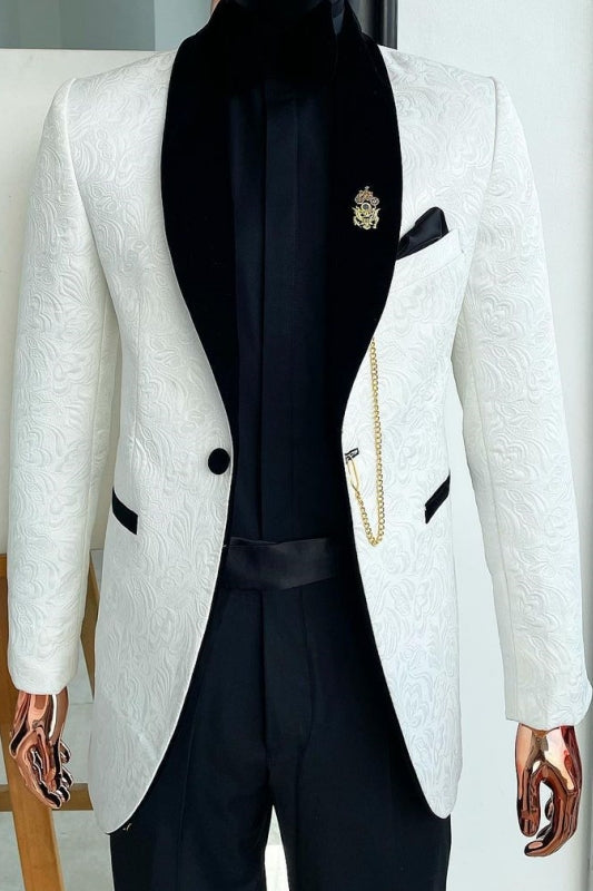Slim Fit White Jacquard Wedding Suit With Black Shawl Collar