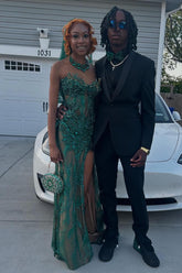 Slim Long Dark Green Sweetheart Sleeveless Column Beaded Prom Dress with Rhinestones and Slit