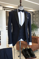 Slim Navy Blue Three-Piece Peaked Lapel Business Suit