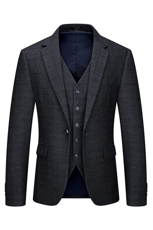 Smart Black Notched Lapel Three-Piece Business Suit for Men