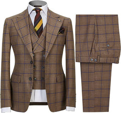 Smart Khaki Peak Lapel Three-Piece Plaid Business Suit for Men