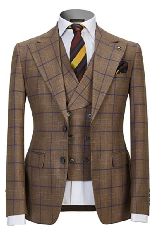 Smart Khaki Peak Lapel Three-Piece Plaid Business Suit for Men