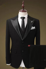 Sophisticated Black Peak Lapel Three-Piece Men's Business Suit