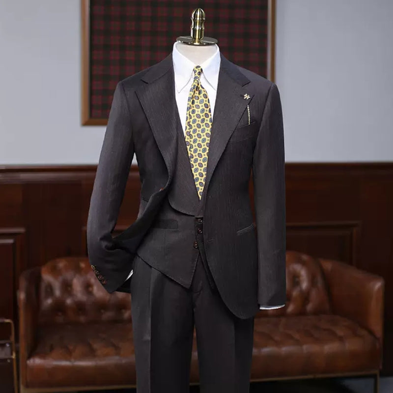Sophisticated Black Striped Notch Lapel Three-Piece Business Suit