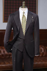 Sophisticated Black Striped Notch Lapel Three-Piece Business Suit